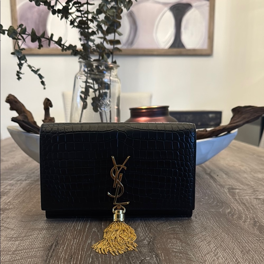 YSL Black Croc-Embossed Clutch with Gold Tassel